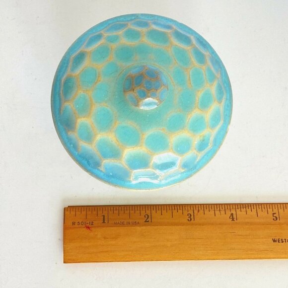Vintage Celadon Blue Green Honeycomb Glazed Covered Bowl Lid Trinket Box 3.2" - Picture 11 of 11